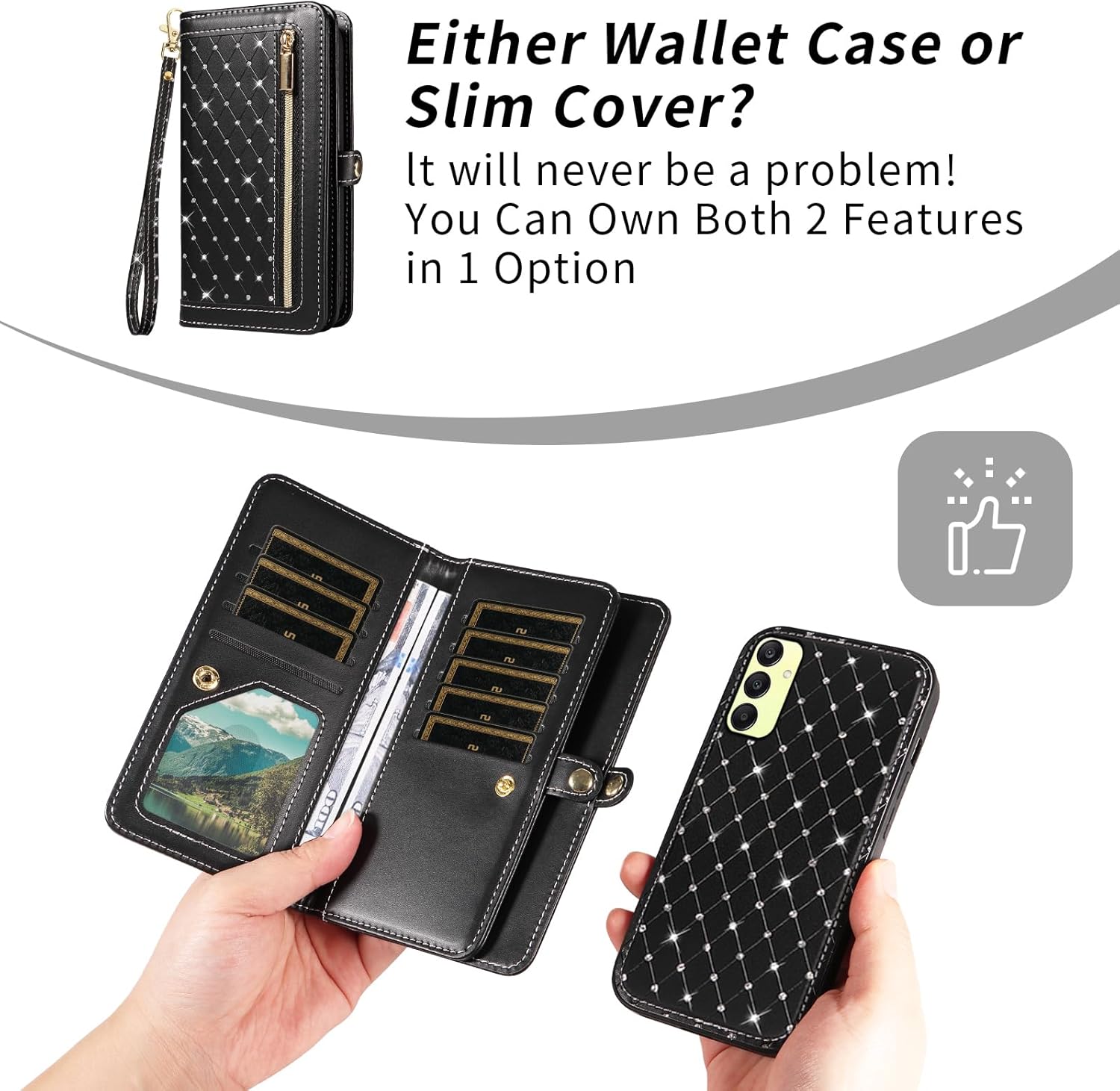 Asuwish Phone Case for Samsung Galaxy A25 5G/A24 4G/M34 /F34 Zipper Wallet Detachable Cell Cover with Screen Protector Crossbody Strap Bling Flip Credit Card Holder A 25 25A 24A LTE Women Girls Black