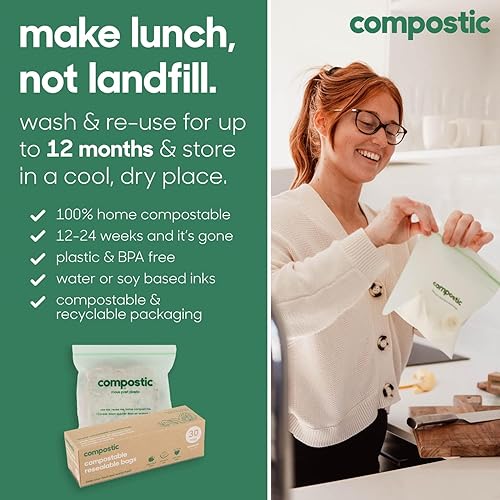 Miniatura 19 de Compostic Home Compostable Resealable Snack Bags (6"x 3.5"), Microwave & Freezer Safe, Organic Food Storage Container, 30 Count (Pack of 2)