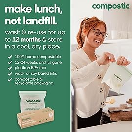 Compostic Home Compostable Resealable Snack Bags (6x 3.5), Microwave & Freezer Safe, Organic Food Storage Container, 100 Count