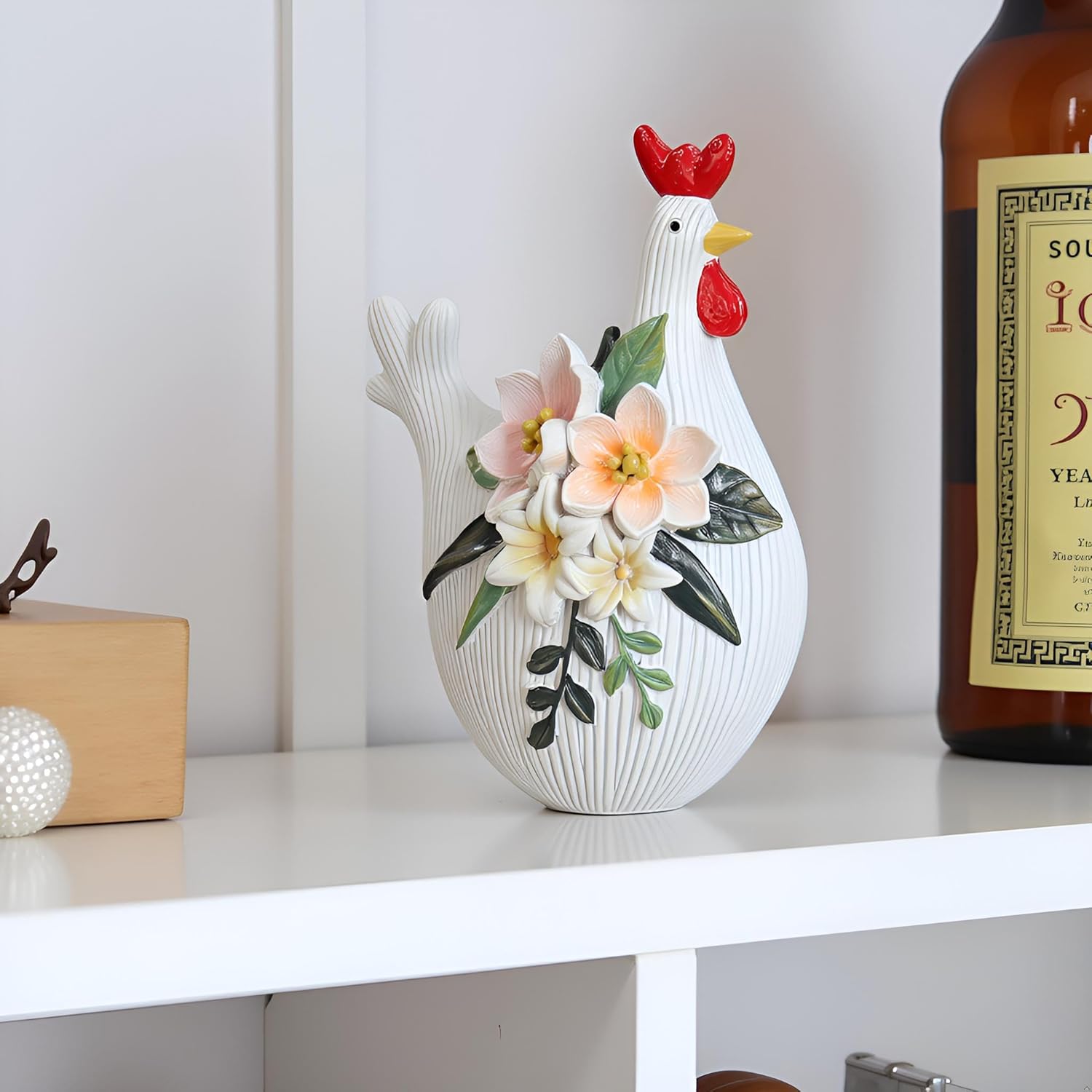 White Hen Statue Decorative Sculpture, Resin Table Art Figurine Decoration,Outdoor Garden,Indoor Home Decor,Rustic, Farm Animal,7 Inches