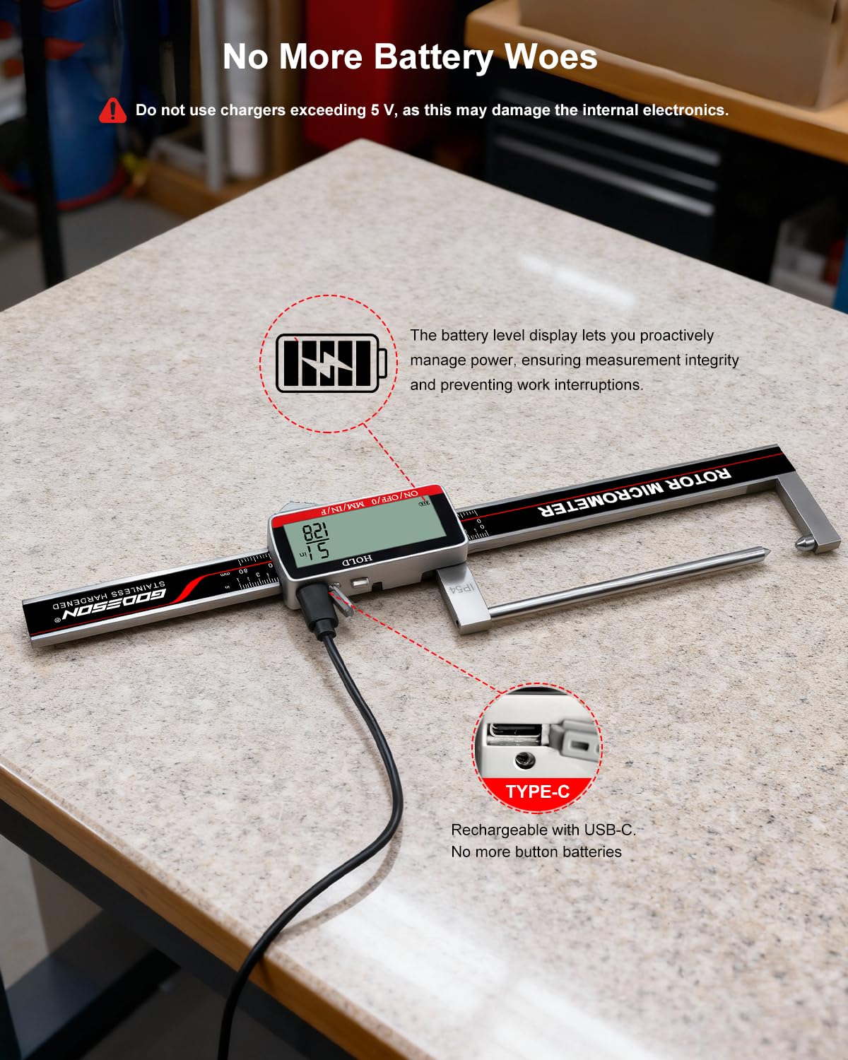 GODESON Brake Rotor Gauge, Rechargeable Digital Caliper 3.25-Inch ±0.03mm Accuracy, Stainless Steel Body, Large LCD Display with Hold, mm/inch/F Units, IP54, Measures Discs Without Removing Wheels