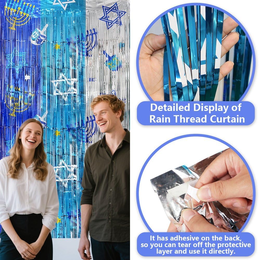 Hanukkah Blue Silver Tinsel Backdrop - Foil Fringe Curtain Shiny Party Decor for Chanukah Menorah Star of David Jewish Festival Home Decoration