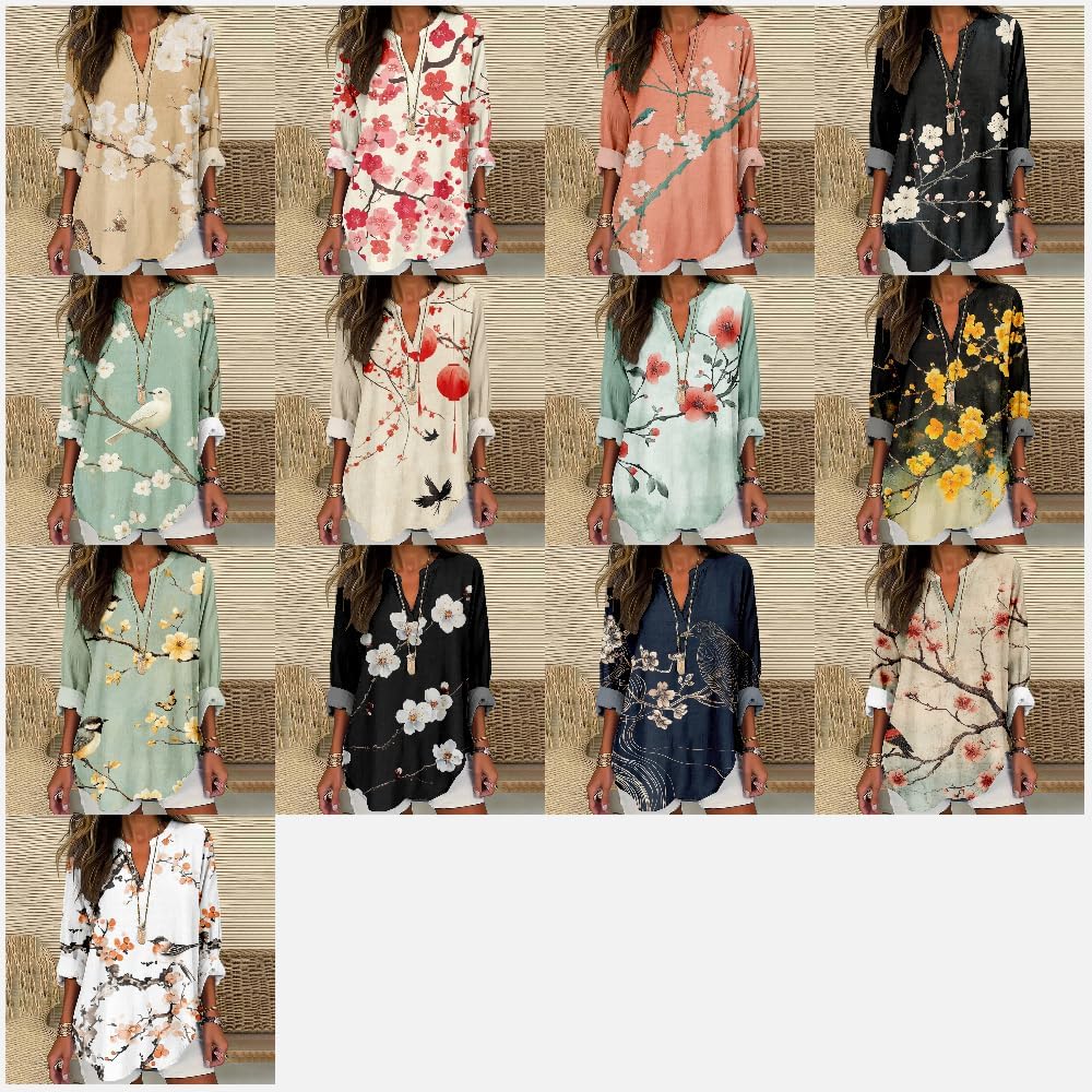 Womens V Neck Blouses Dressy Casual Long Sleeve Boho Tops Shirts Vintage Floral Print Tunic Cotton Graphic T Shirt - Image 3