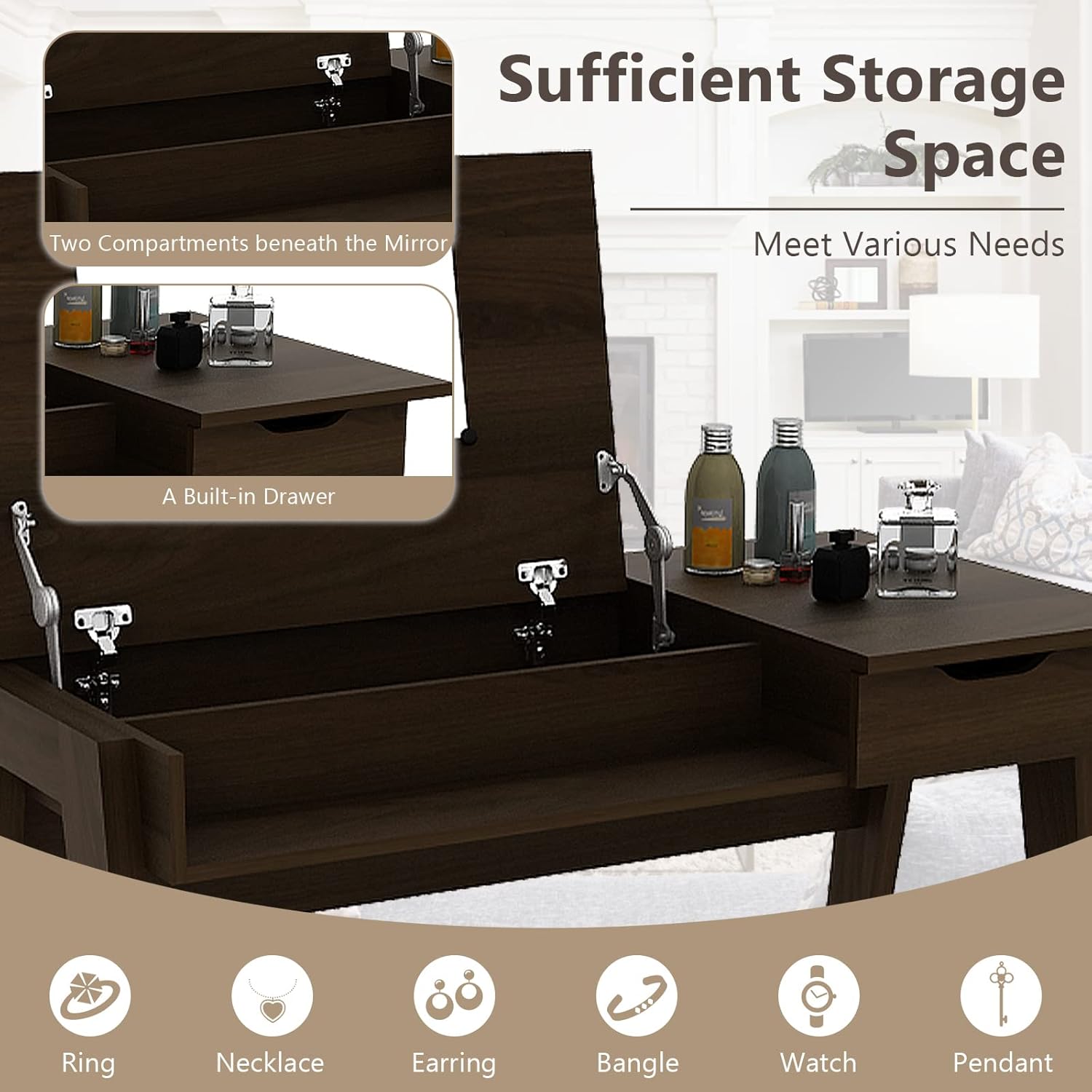 CHARMAID Large Vanity Table with Flip Top Mirror, 48'' Home Office Computer Desk Open Storage Cubby and Drawer, Modern Wood Writing Makeup Dressing Table, Easy Assembly, Espresso