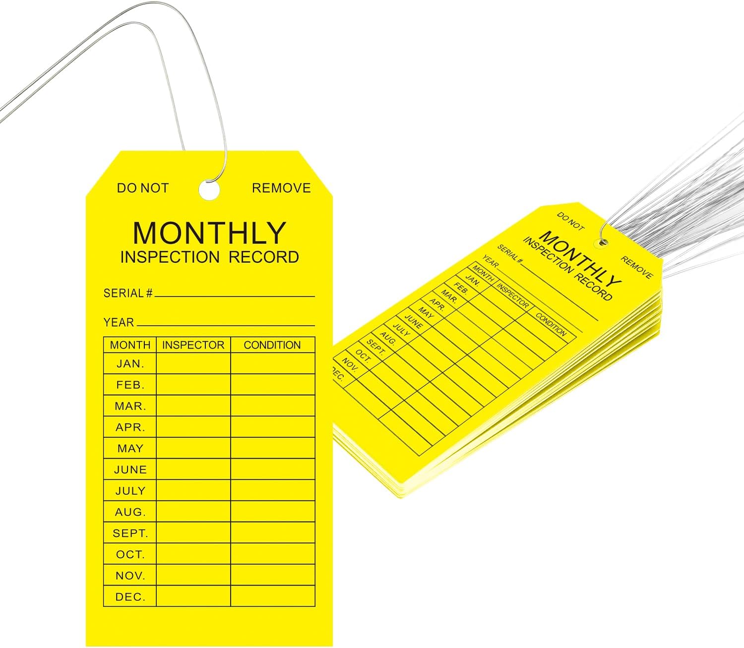 Monthly Inspection Tags (200-Pack), PVC-Plastic Tear & Water Resistant,Safety Tags with with Wires Attached,Inspection Record Tag for Scaffolds, Ladders, Fire Extinguisher, Inventory, Machinery