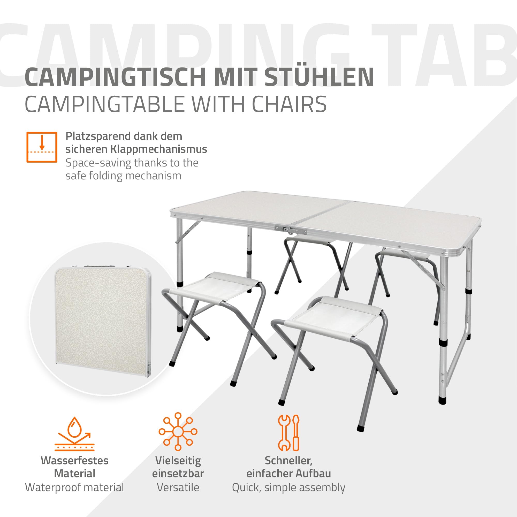 ECD Germany Campingtisch Set mit 4 Hocker, 120x60x55/63/70 cm höhenverstellbar, klappbar, Weiß/Creme, aus Aluminium und MDF, Campingmöbel Set Klappmöbel Klapptisch Falttisch Gartentisch mit 4 Stühle