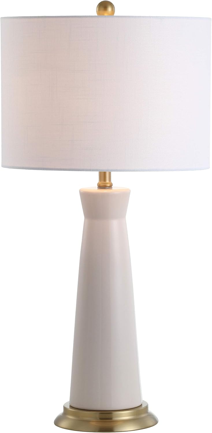 JONATHAN Y 29" Cream Modern Ceramic Column Table Lamp with Brass Gold Base, Elegant Bedside Lamp for Living Room Bedroom Nightstand, White Linen Shade, LED Bulb Included JYL3046A