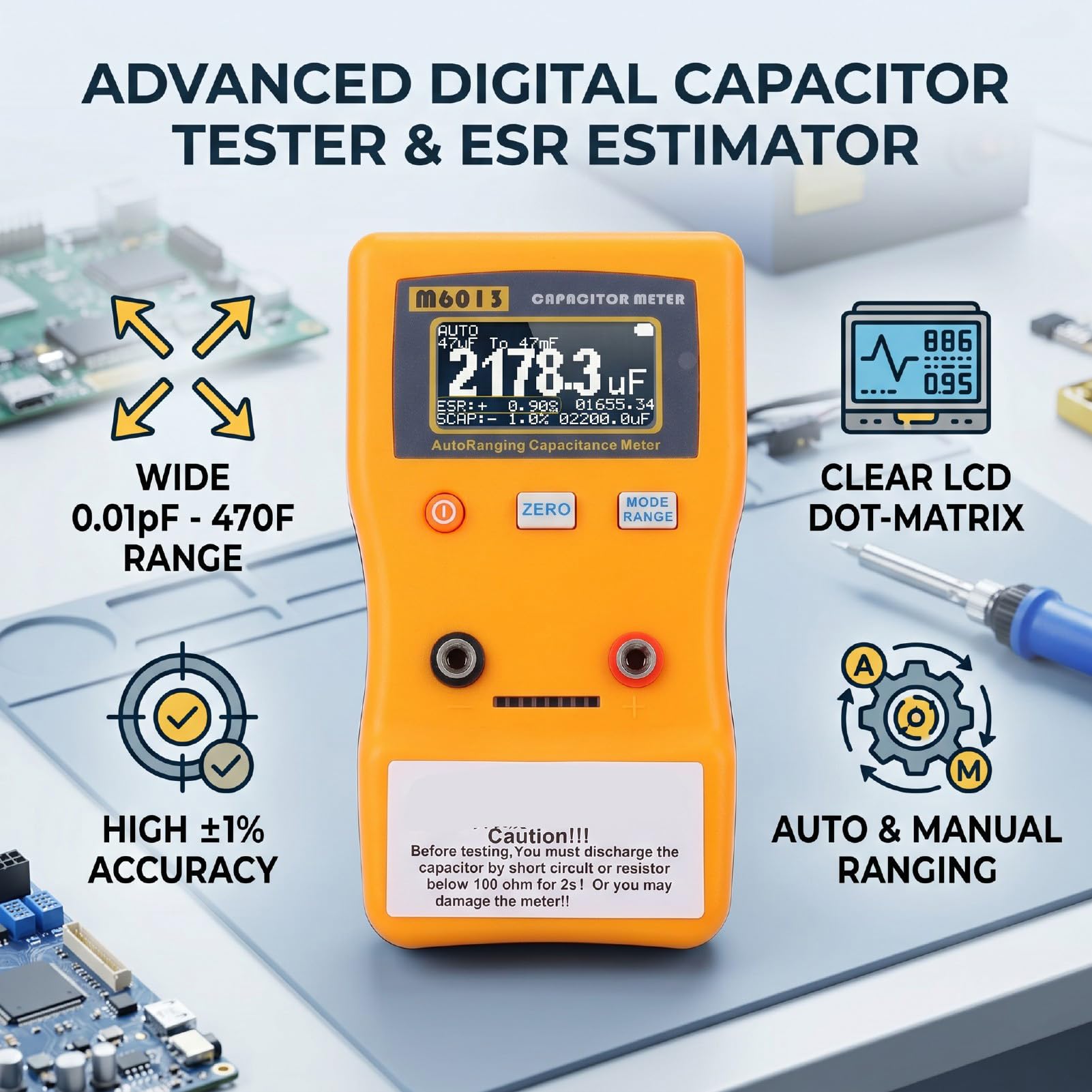 Fafeicy Tester Digitale per Condensatori Stima da 0,01 PF a 470 F con Clip SMD Gamma Automatica per la Riparazione di Apparecchi HVAC da Parte di Tecnici