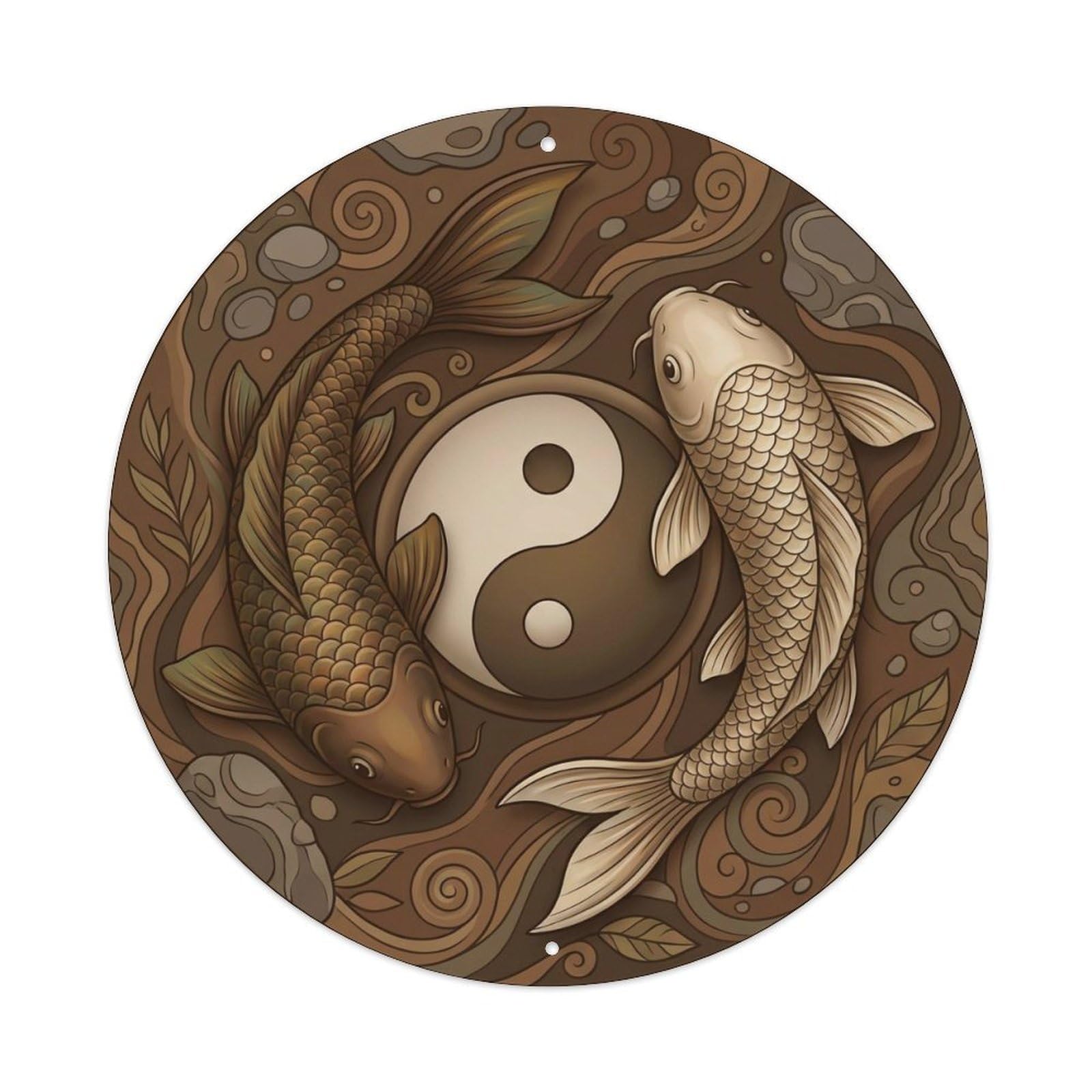 Tai Chi Koi Fish Umber Brown Earth Metal Tin Sign