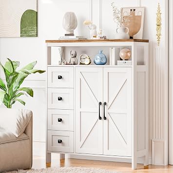 Vabches Farmhouse Storage Cabinet with 2 Doors and 4 Drawers, Unique White
