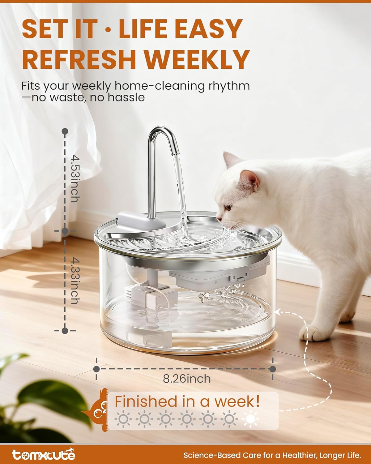 Tomxcute Glass Cat Water Fountain, 84oz/2.5L Scientific Gold Capacity for 1-2 Cats, Tiered Step-Level Pet Fountain with Soft Warm Glow, Ultra Quiet Borosilicate Glass Waterer to Reduce Feline Acne