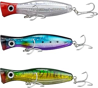 Fishing Popper Topwater Lure,3pcs Mix Color 1.52oz Hard Artificial Bait Lure 5.12" Floating Popper Poper Lure with Sharp Treble Hooks Plug Trout Walleye Salmon for Saltwater Freshwater
