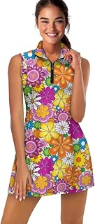 Womens Zipper Collared Tennis Dress Sleeveless Built in Shorts Golf Athletic Workout Exercise Dress with Pockets
