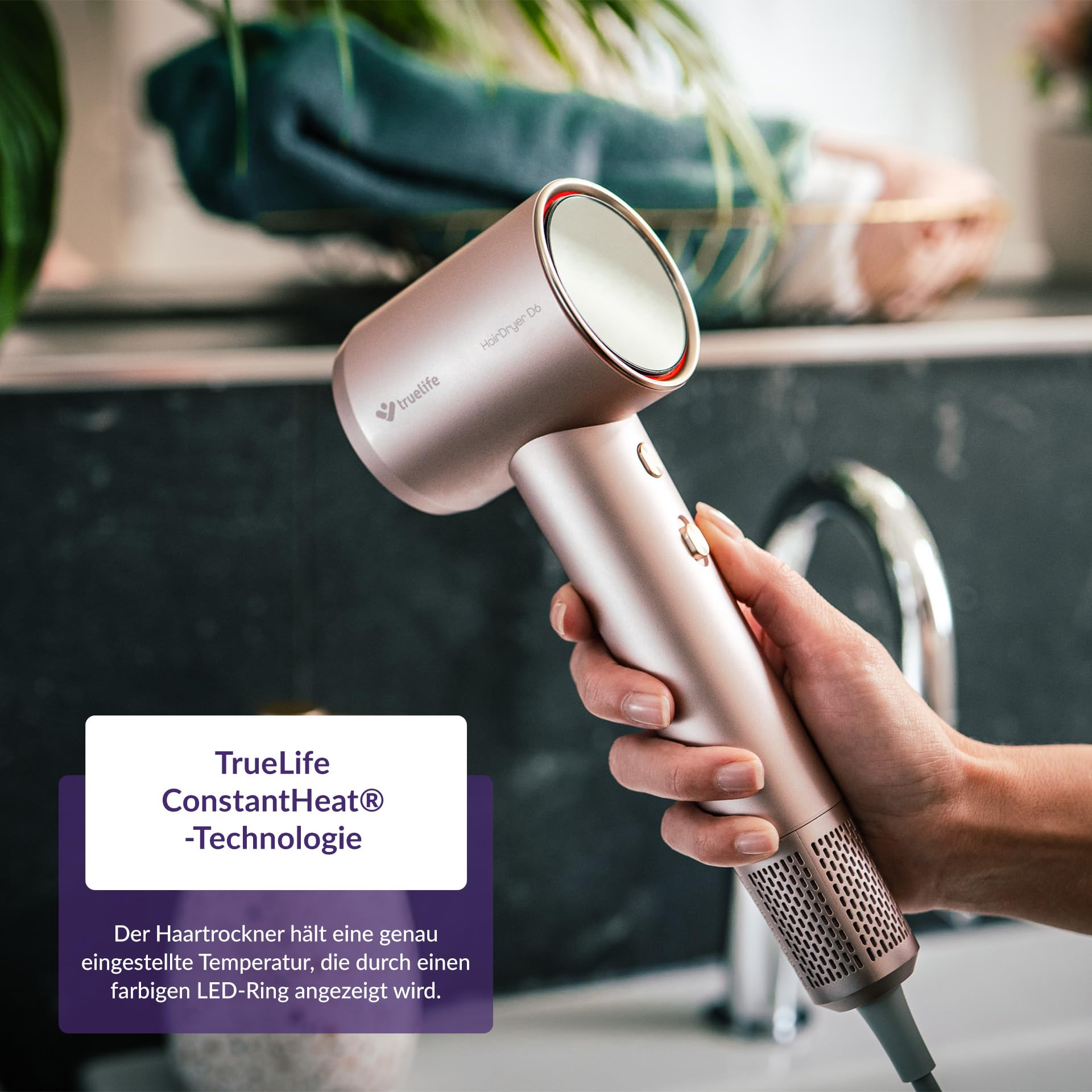 TrueLife HairDryer D6, Haartrockner mit Ionisator, Leistung bis zu 110.000 U/min, farbiger LED-Ring zur Temperaturanzeige, 3 Trockenstufen, 2 Geschwindigkeiten, Magnetaufsatz