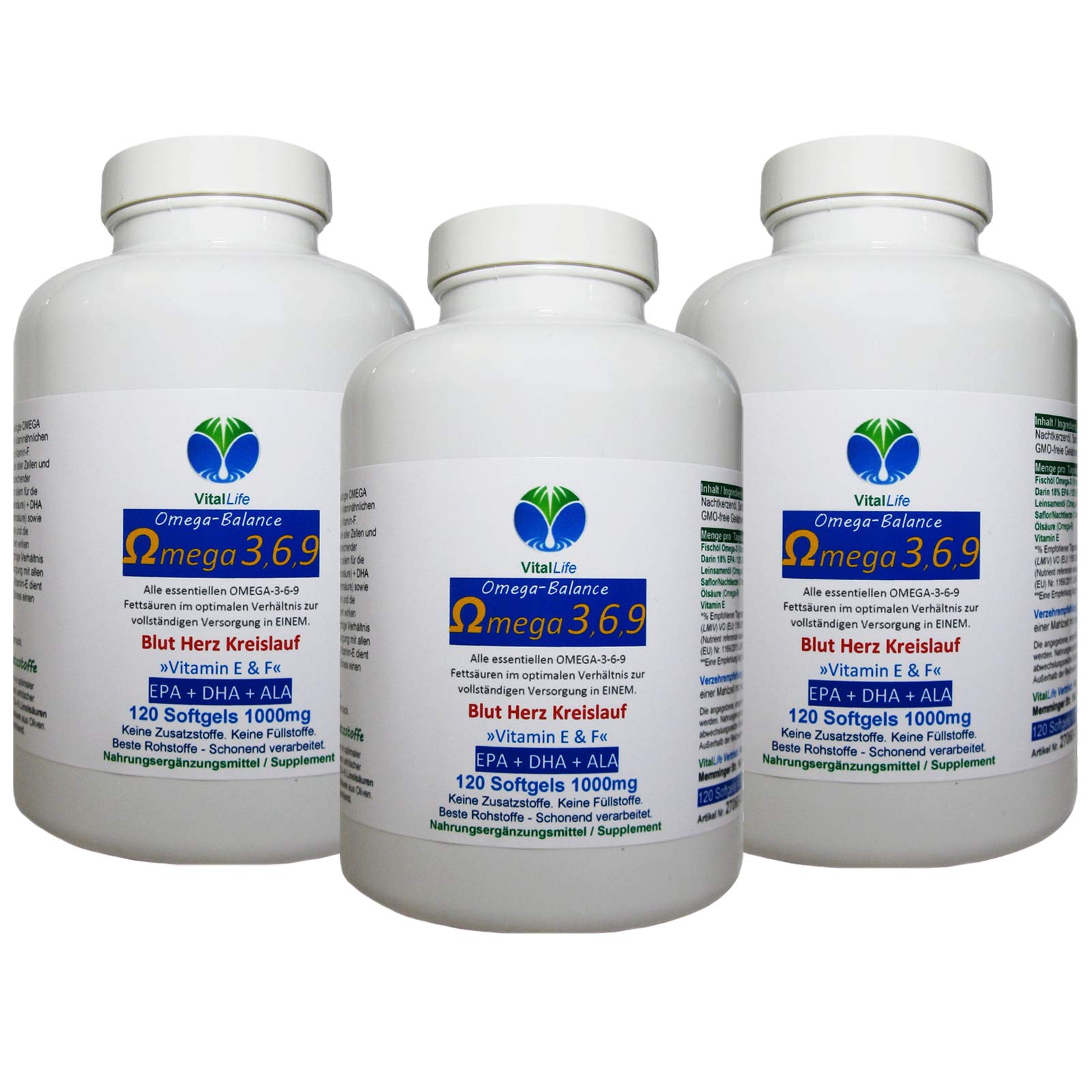OMEGA 3-6-9 EPA + DHA + ALA - 360 (3x120) Kapseln 2000mg ESSENTIELLE Fettsäuren/Tag - BLUT - HERZ - KREISLAUF - GEHIRN - ZELLEN - CHOLESTERIN - Mit Antioxidans Vitamin E - OHNE ZUSATZSTOFFE. 27060-3