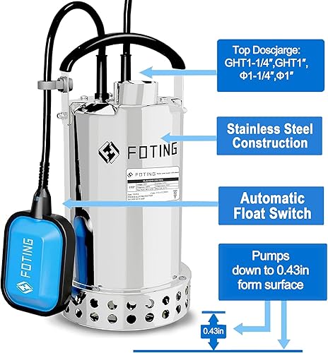 Miniatura 5 de FOTING Bomba de sumidero de acero inoxidable 304 completa con interruptor de flotador, bomba de agua sumergible automática de 1 HP 4600 GPH,