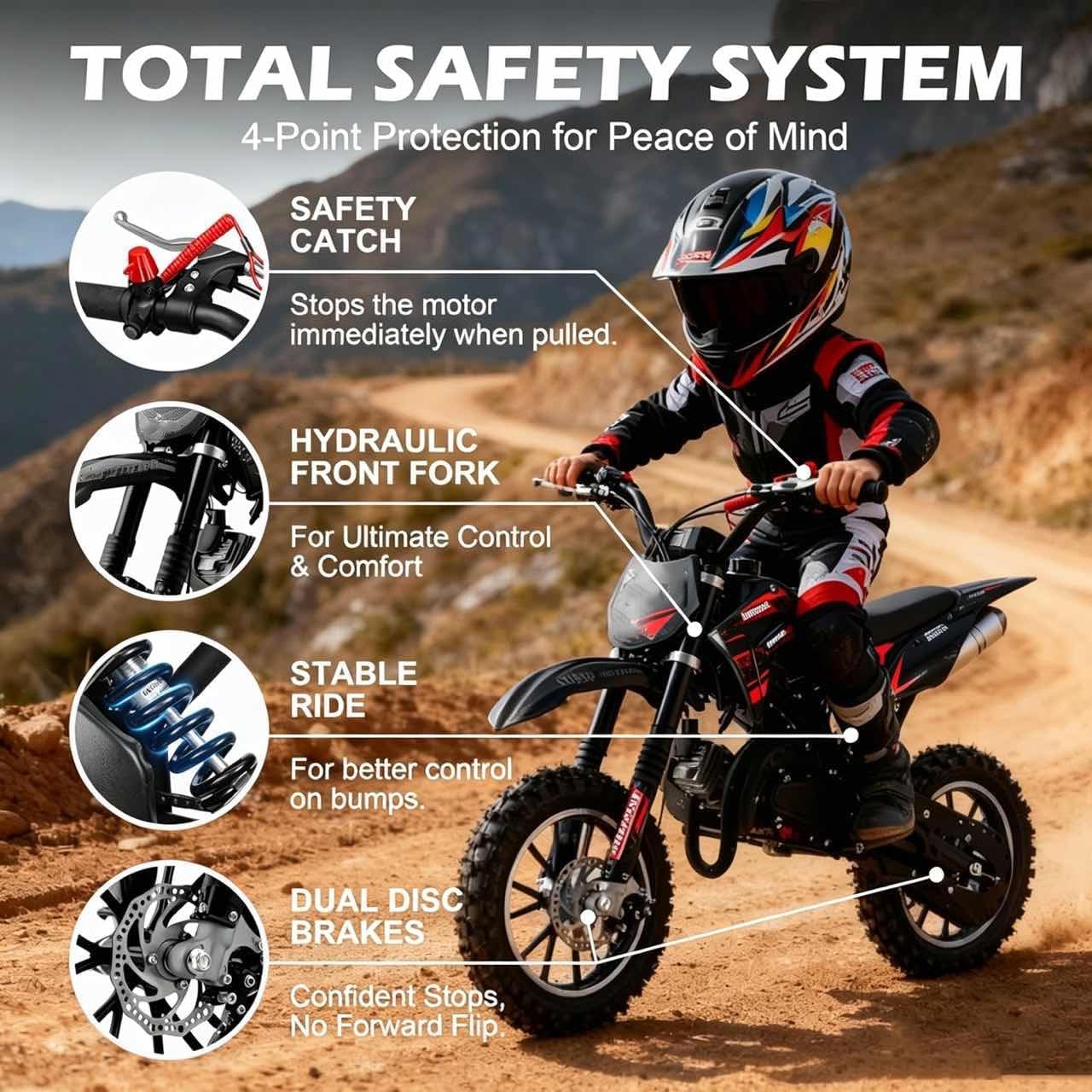 50cc Dirt Bike,2 Stroke Gas Mini Bike for Kids 8-14 with Front Rear Disc Brakes,10 Inch Off-Road Tires,Shock Absorption,Seat Height 23.6in,Max Speed 40mph, 2026 Upgraded Mountain Off-Road Motorcycle