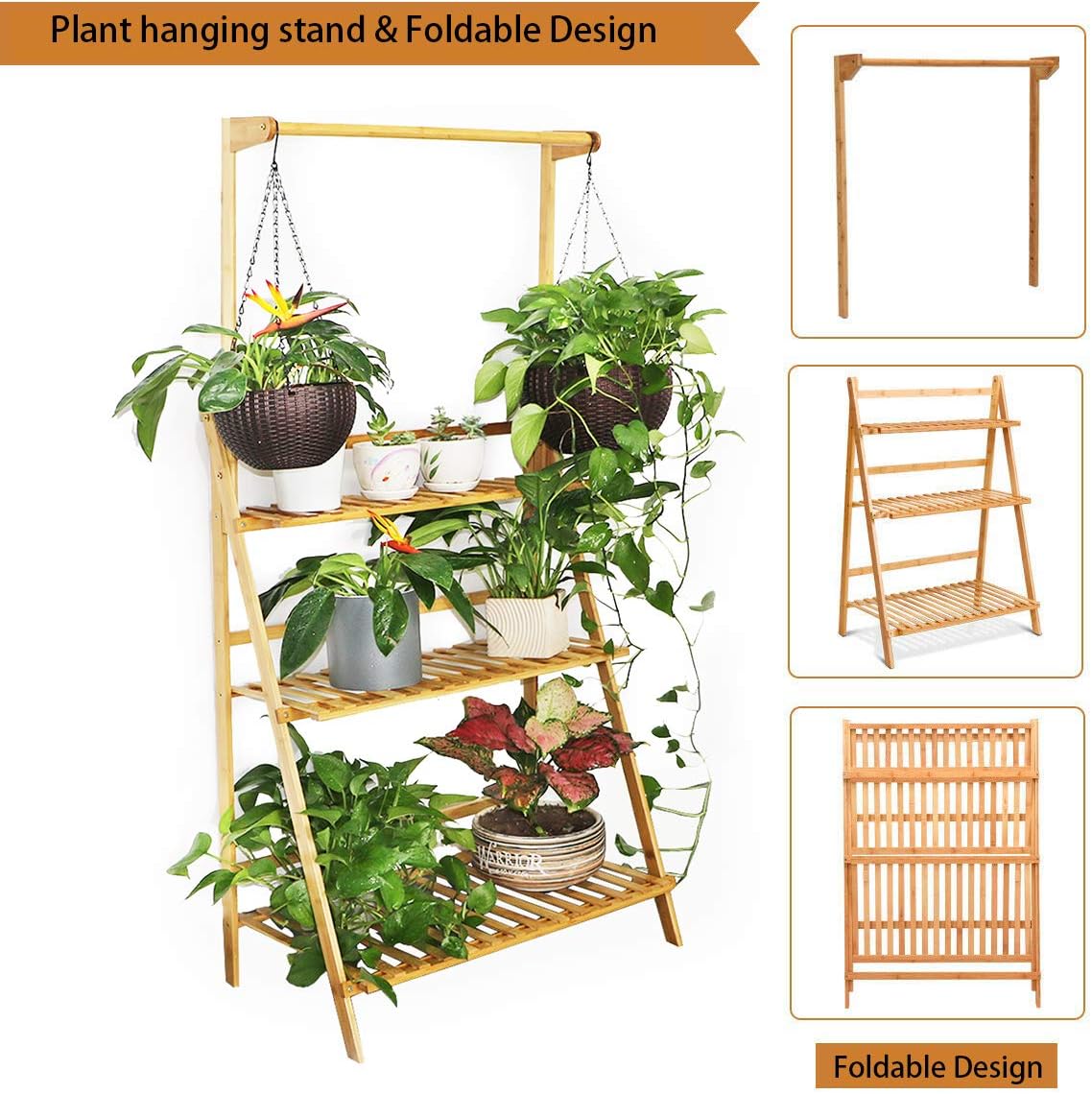 MOUTIK Bamboo 3 Tier Hanging Plants Stand Folding Shelves Rack Planter Pot Organizer Storage Flower Display Shelving Unit Holder (27.5in)