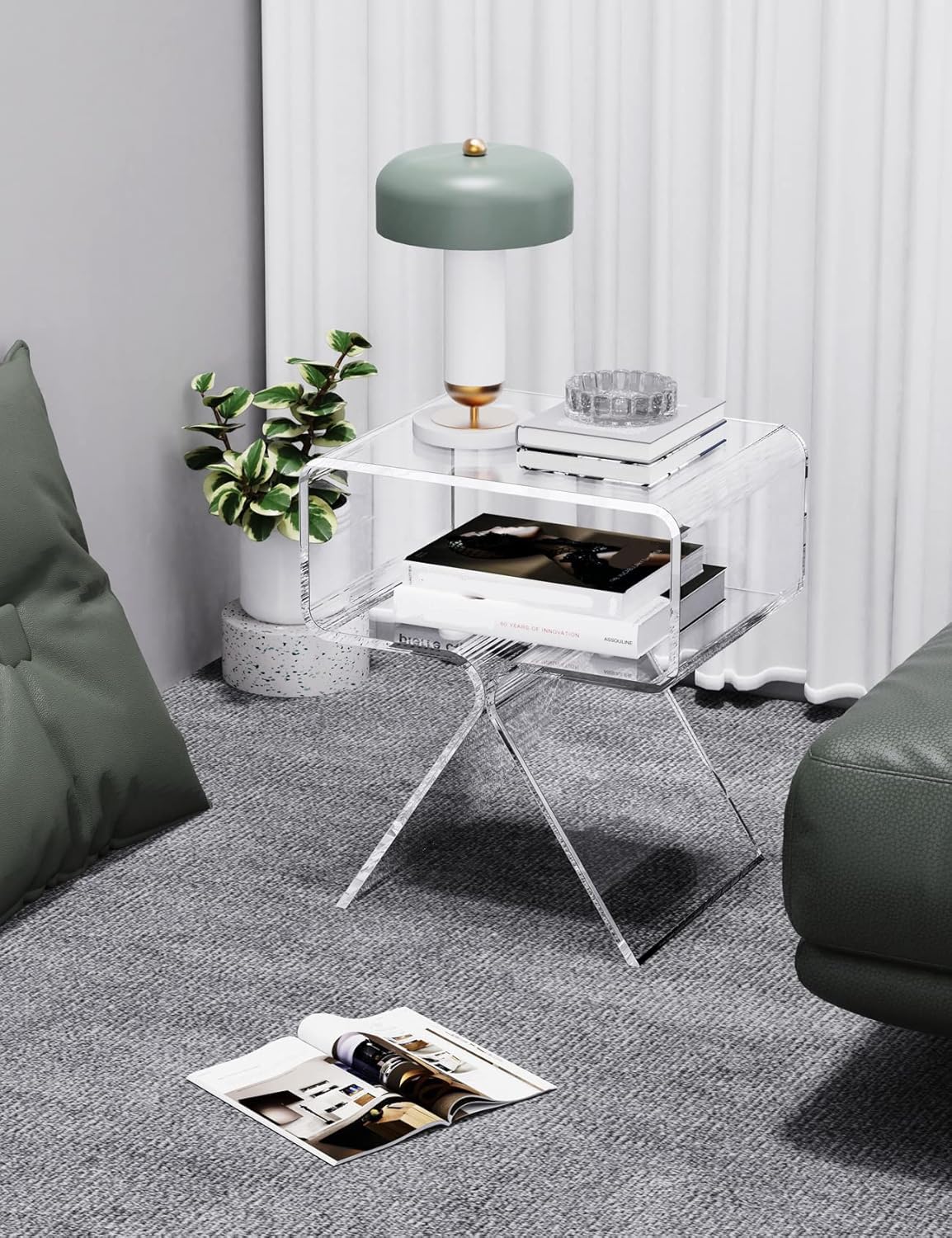Mesa Auxiliar de Acrílico, Mesita de Noche, pequeña Transparente para Sala de Estar, Dormitorio (Claro)