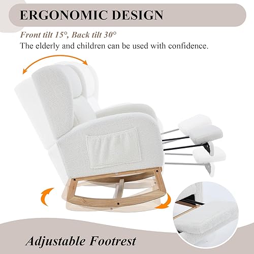 Miniatura 4 de NIOIIKIT Mecedora para guardería con reposapiés, silla deslizante tapizada de peluche, silla de guardería con bolsillo lateral, mecedora deslizante,