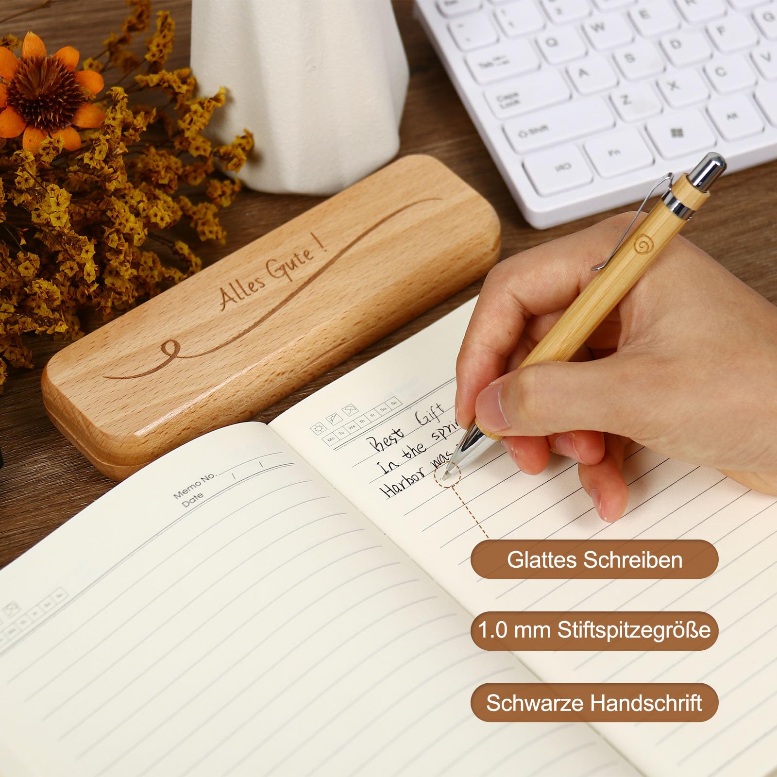 Set Regalo Di Ringraziamento: 6 Penne In Legno, Bouquet Fiori Secchi, Segnalibro, In Elegante Confezione, Per Addio O Grazie - 2