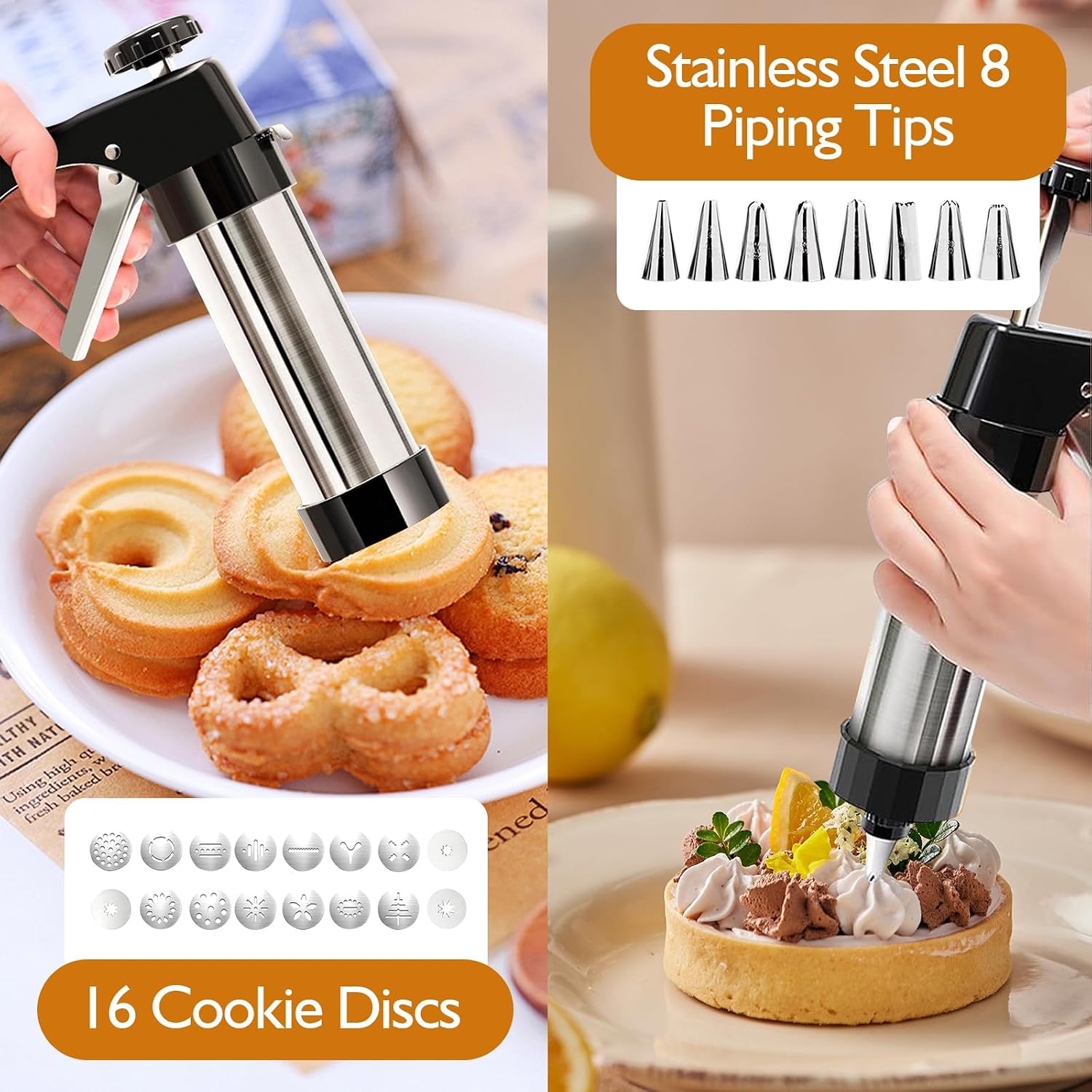 Stainless Steel Cookie Press Gun Kit, 28pcs Churros Maker with 16 Cookie Discs, 8 Piping Tips, 2 Brushes for DIY Cake Decorating Baking Supplies
