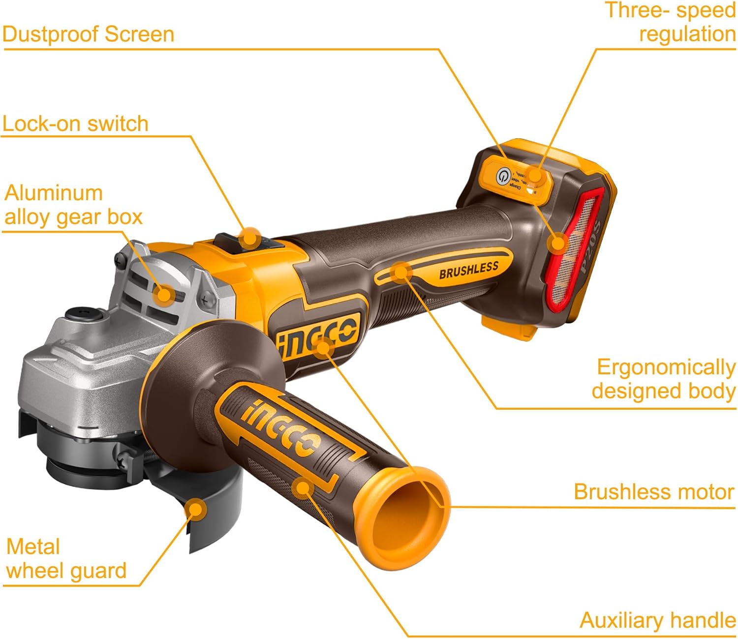 Labeled diagram of INGCO 20V Brushless Angle Grinder