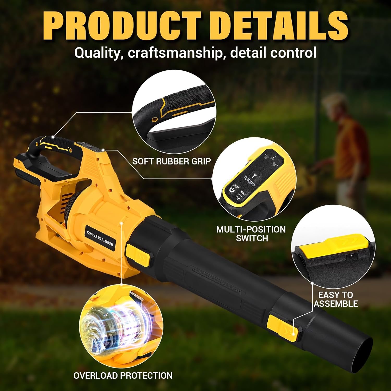 Cordless Leaf Blower for Dewalt 20V Battery - 650 CFM/125 MPH Electric Leaf Blower with Brushless Motor, 3-Speed Adjustable (100MPH) for Lawn/Yard Care - Battery Not Included
