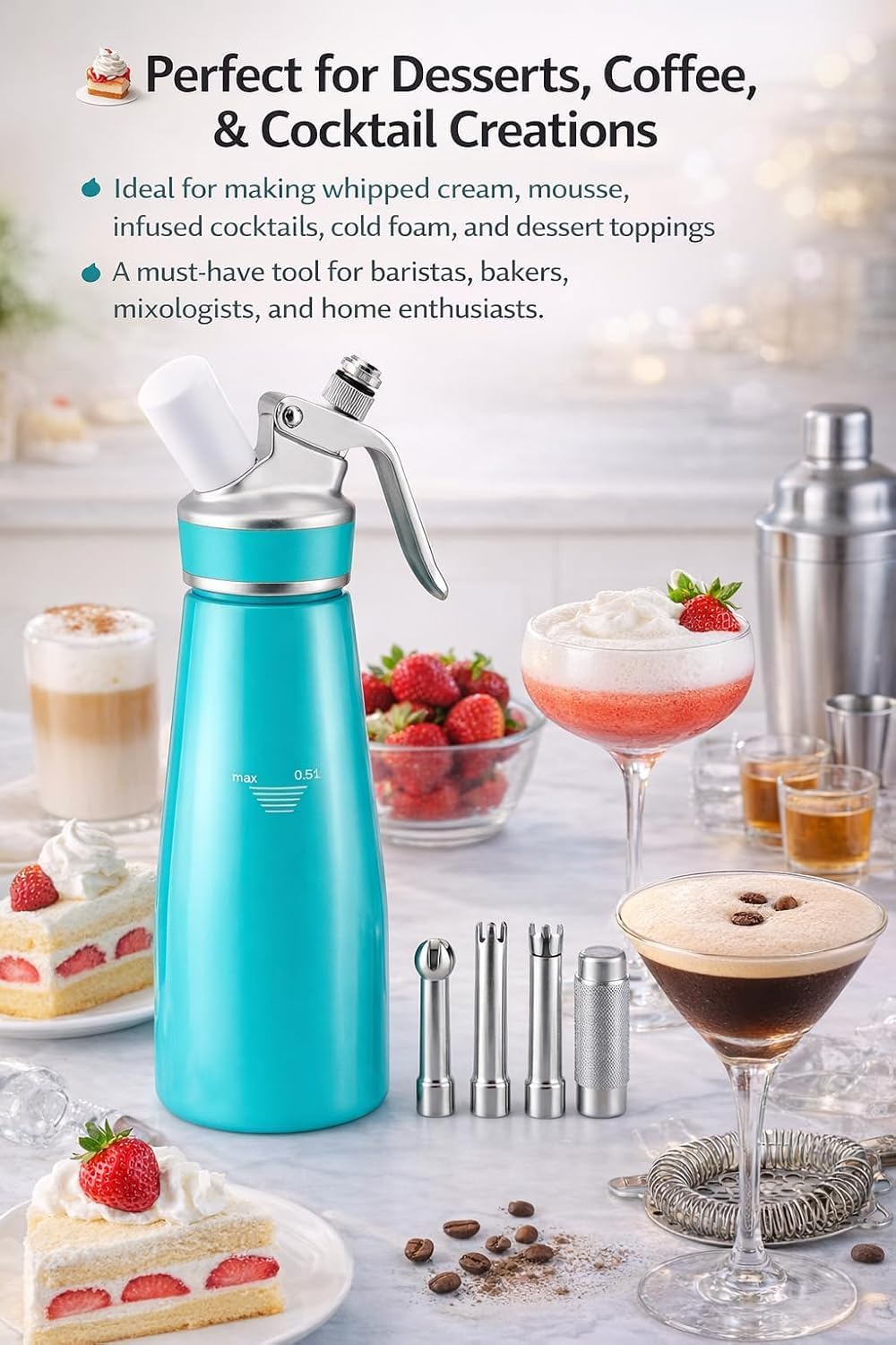 Professional Whipped Cream Dispenser – Ultra-Thick Aluminum Body & Stainless Steel Nozzle, 500ml/1000ml, Multiple Colors – Heavy Duty Cream Whipper for Desserts, Coffee, Cocktails–500ML-White