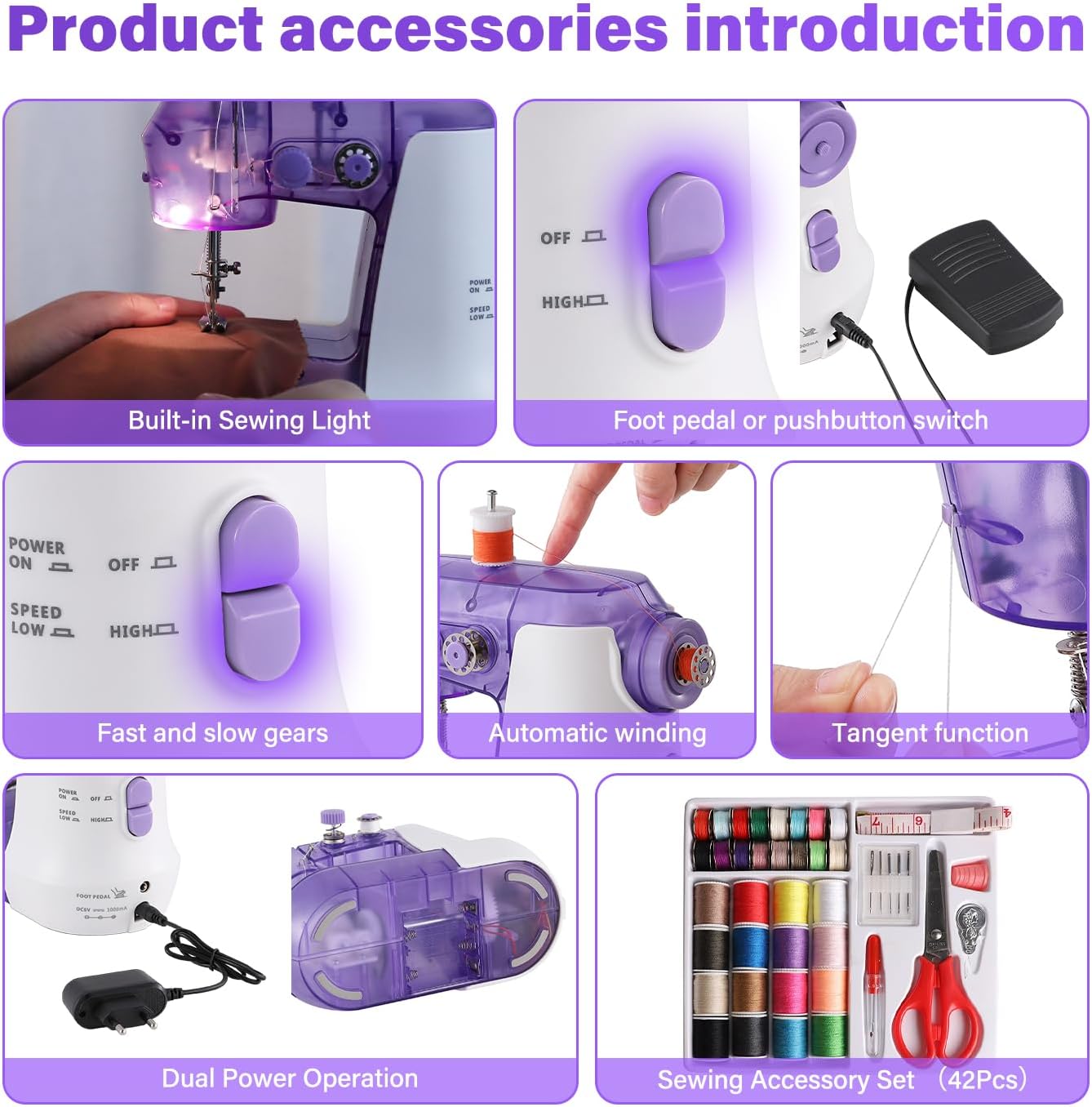 Sewing Machine for Beginners with Expansion Table and Finger Guard & Light and 42Pcs Sewing Kits Mini 2-Thread 2-Speed 2-Switches Foot Pedal,Portable Samll Electric Sewing Machines for Kids Ages 8-12 - Image 4
