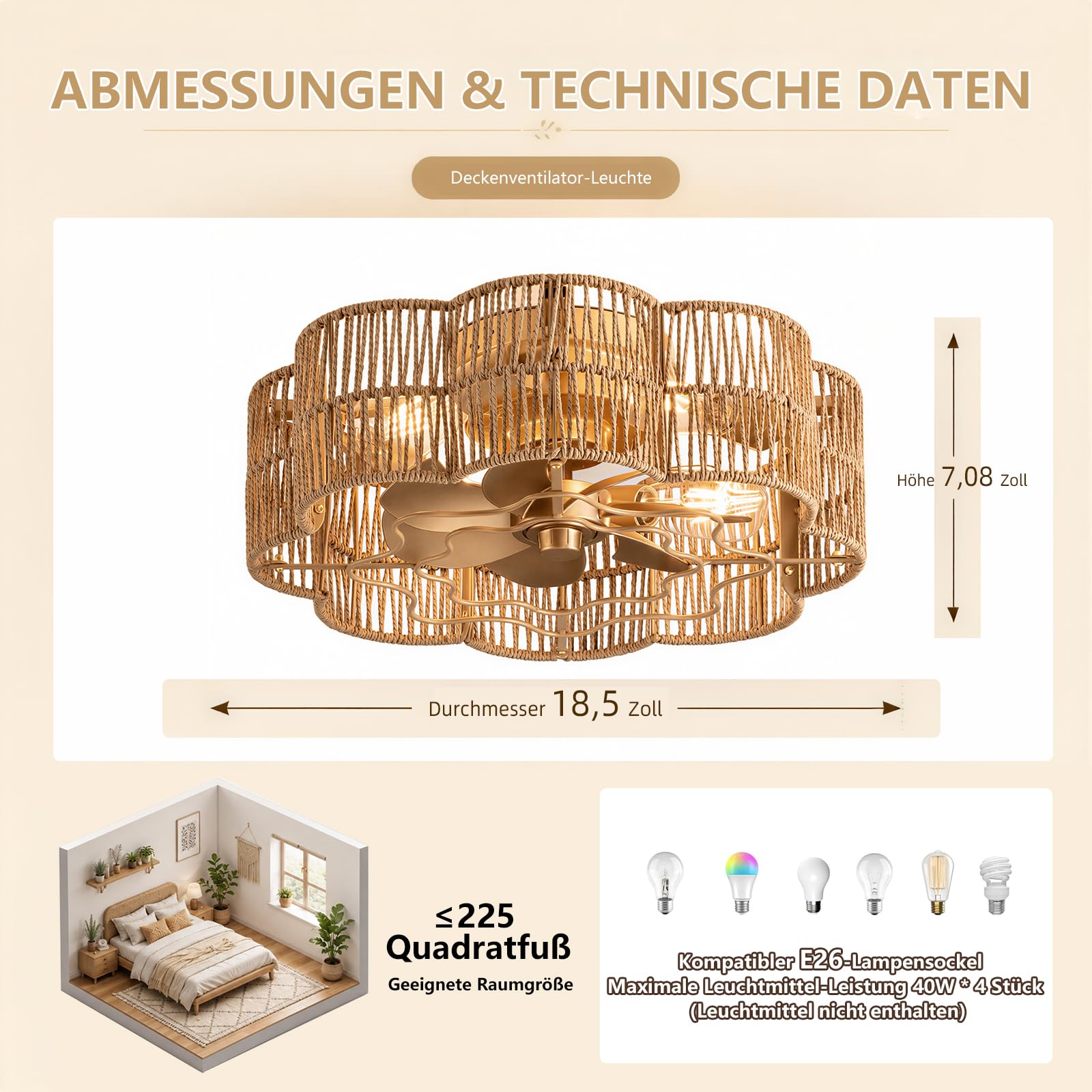 Deckenventilator mit Beleuchtung Boho Blumenform Rattan-Optik Ø47 cm | Fernbedienung, E27, Leise, 6 Geschwindigkeiten, Schlafzimmer Wohnzimmer Esszimmer