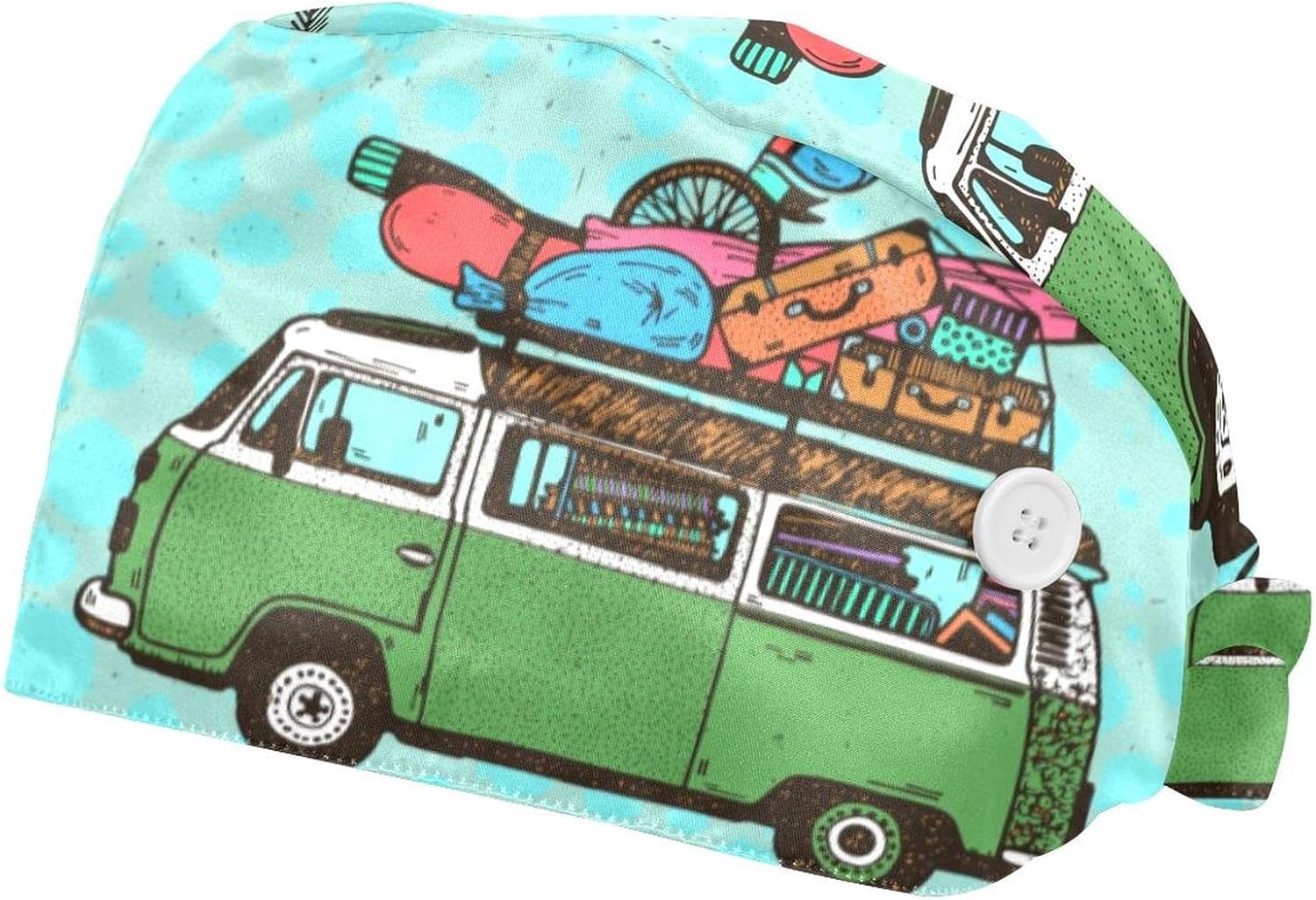 Funny Mini Van and Luggage Let's Go Travel Art 2 Pack Adjustable Working Cap with Buttons Elastic Bouffant Hats Head Scarf with Sweatband for Women