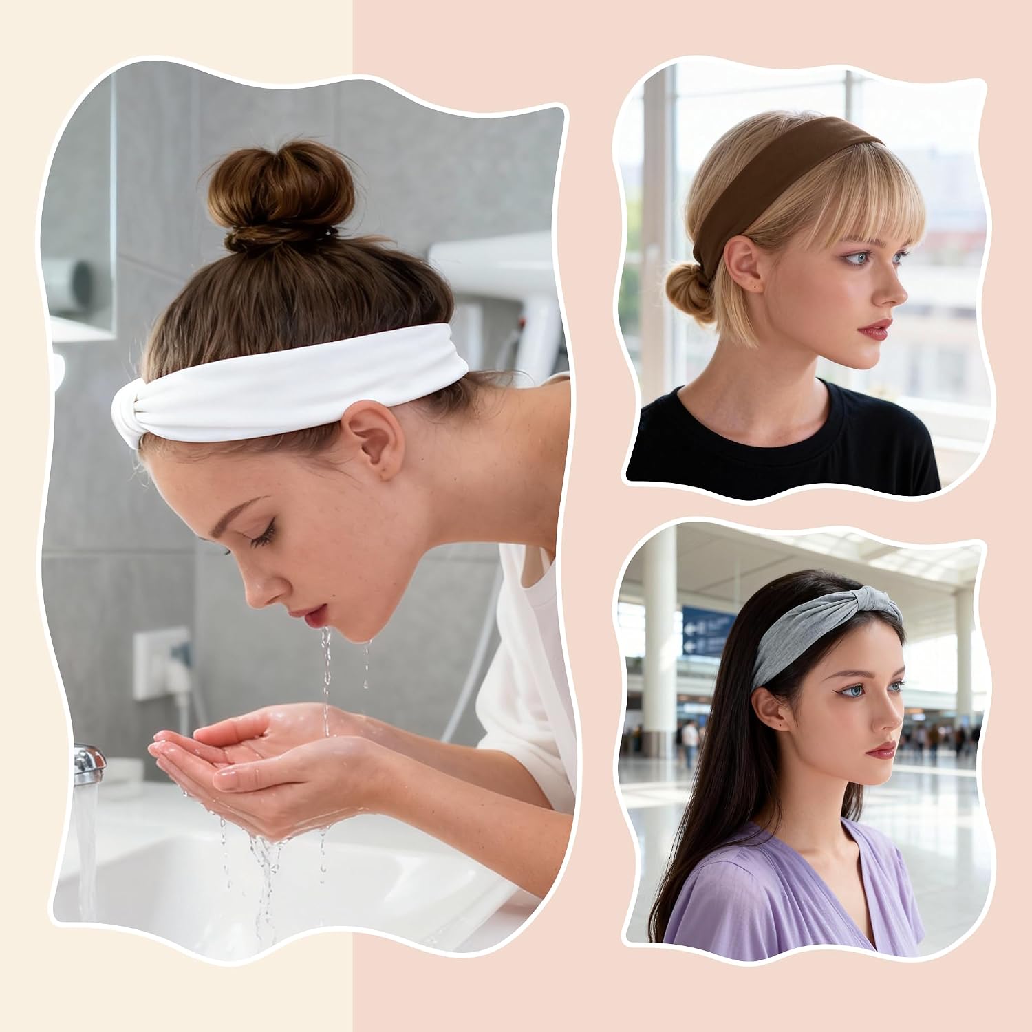 Headbands for Women, Elastic Non-Slip Headband, 6 Pcs Pink Set | Moisture-Wicking Athletic Hair Band, Grey Navy Brown White Pink Black