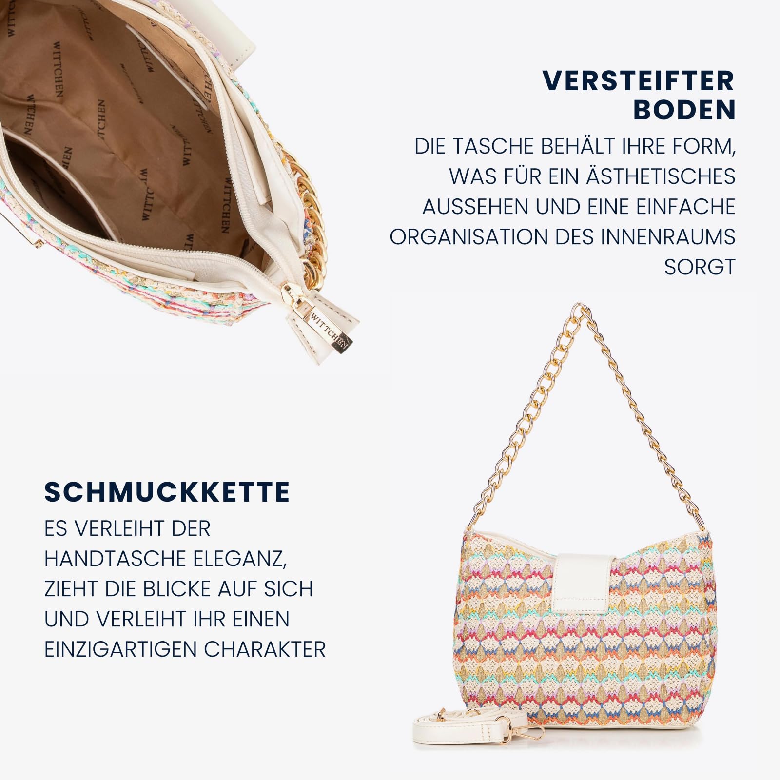 WITTCHEN Damen Umhängetasche | Damen-Beuteltasche Mit Riemen | Mit Kette | Geflochtene Handtasche | Handtasche mit Reißverschluss | Tasche Frauen