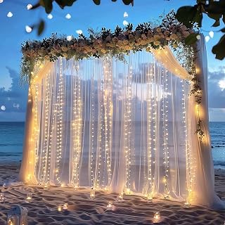White Tulle Backdrop Curtains with Lights String for Parties - 10×8Ft Sheer Backdrop Curtains with Lights for Wedding, Baby Shower, Birthday Party, Photo Shoot Background Decoration