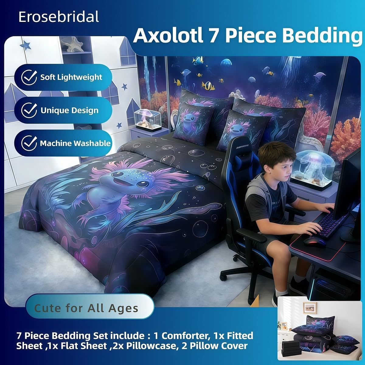 Erosebridal Cute Axolotl Bedding Set Cartoon Axolotl Full Bed in A Bag 7 Pcs Blue Ocean Animal Comforter Set Underwater World Wildlife Sheet Set with Comforter for Kids Boys Girls Room Decor