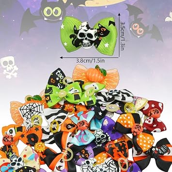 20Pcs/10 Pairs Puppy Yorkie Dog Hair Bow Halloween Ribbon with Rubber Band 40mm, Mix Colors Varies Patterns Pet Grooming Products (Halloween)