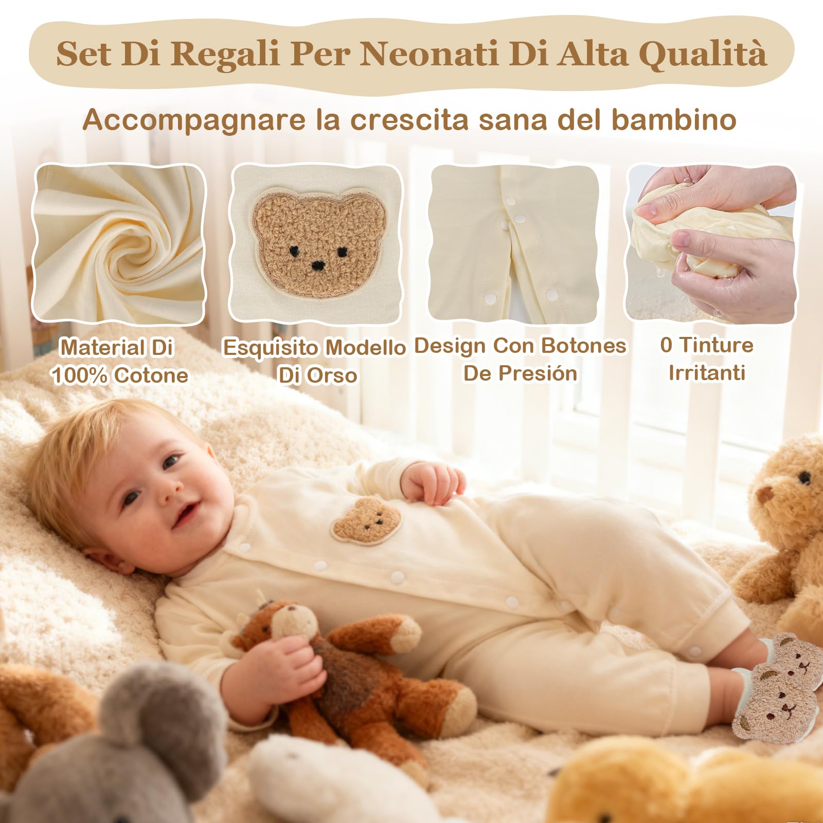 IEEILULU Regalo Nascita Bimba Bimbo, Baby Shower Regali, Regalo Neonato Unisex con Pagliaccetto Neonato, Peluche Giocattoli, Asciugamani Bagno per Bambini Bambine