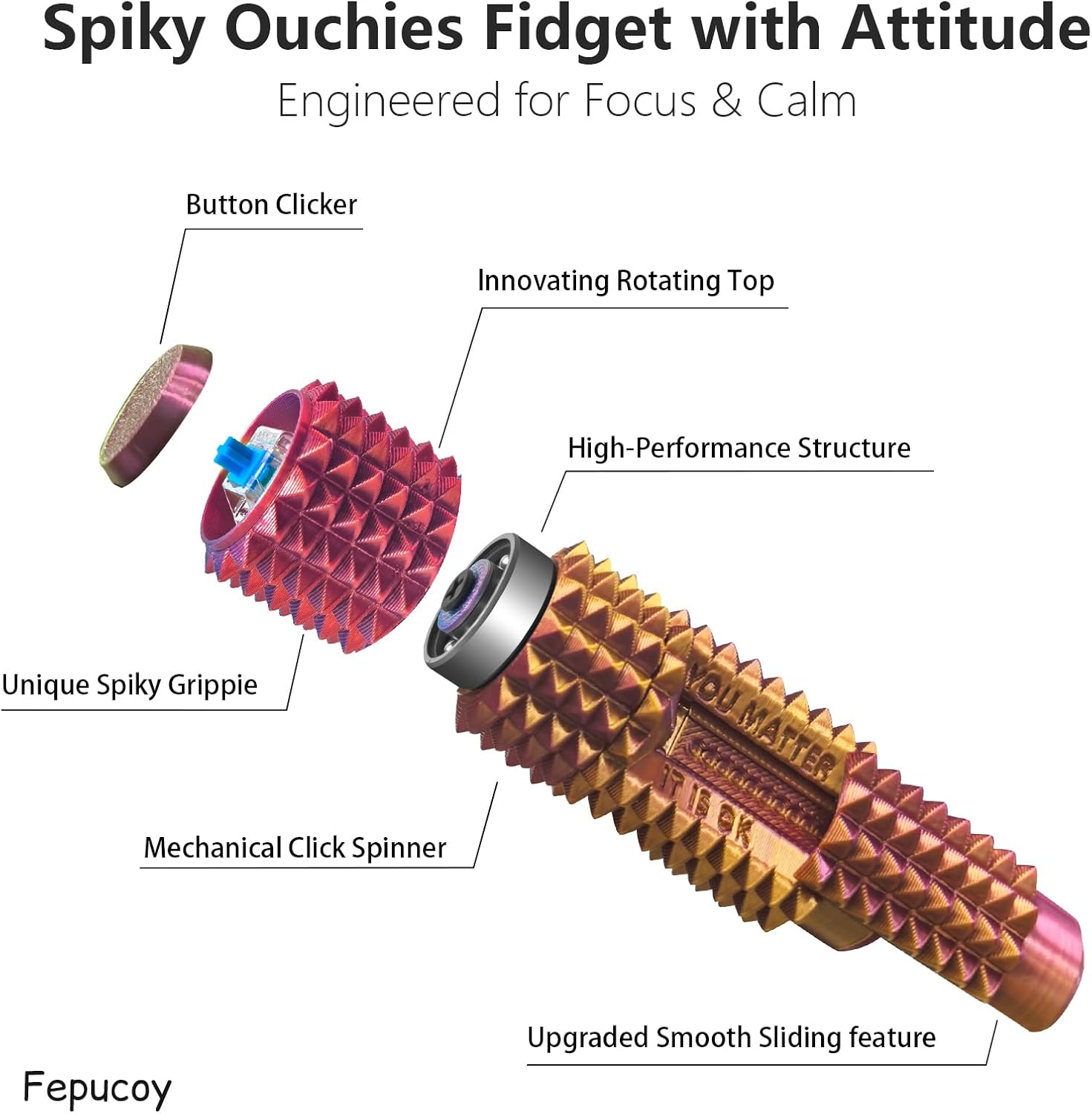Little Ouchies 5-in-1 Pain Fidget for Adults, Spiky Sensory Tool with Smooth Spinner, Reinforced Slider & Clicker | Focus Support Pocket Fidget for Work, Study & Long Drives(Rose Red Gold)