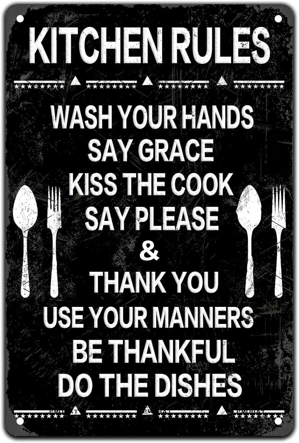 SMAZDFXX Kitchen Rules Vintage Metal Sign Wash Your Hands Say Grace Kiss The Cook Say Please Wall Art Posters Tin Signs for Home Garden Yard Bar Pub Outdoor Man Cave Decor 8"x12"