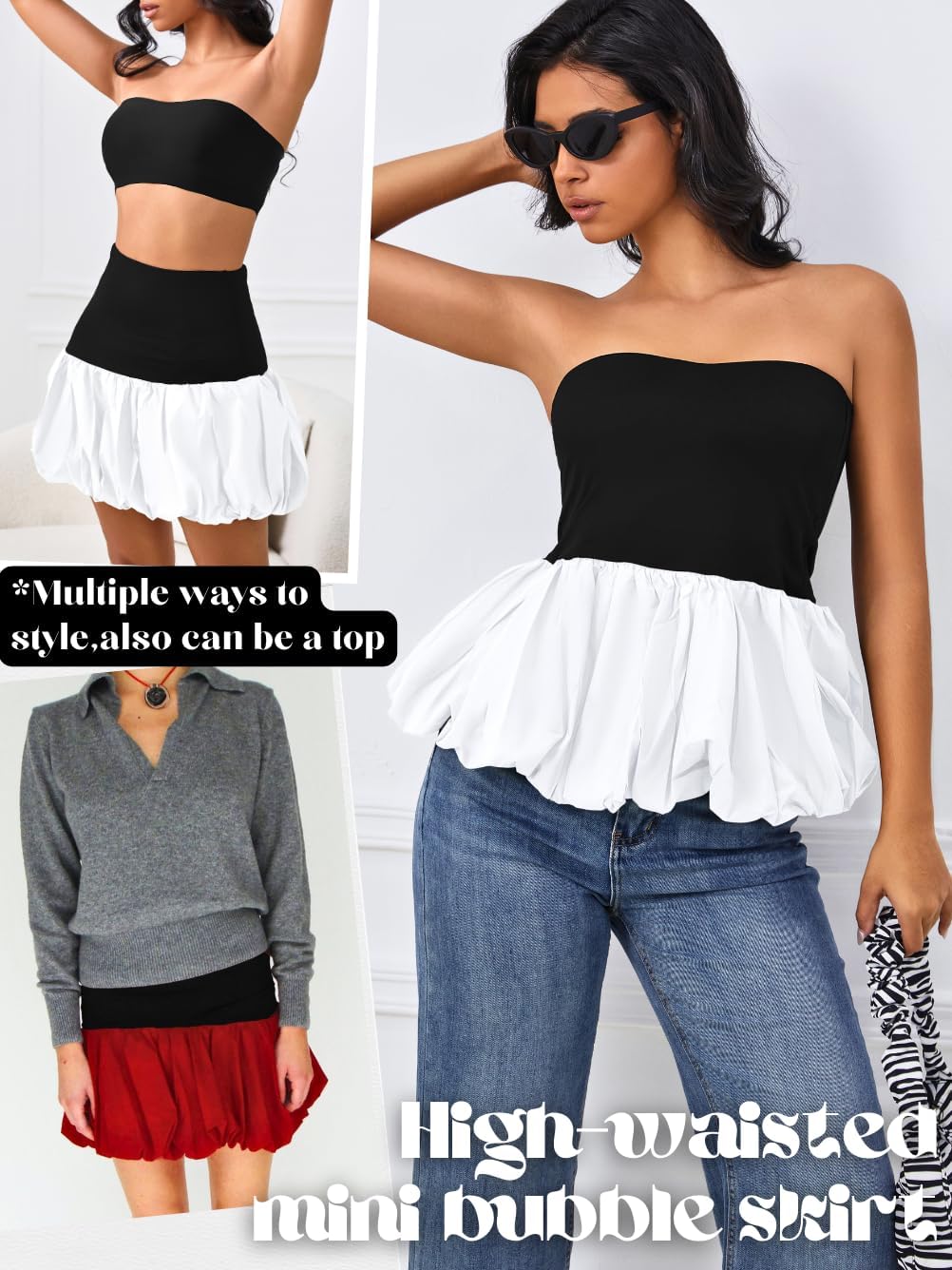 High Waisted Bubble Skirt, As Babydoll Tops, Mini Ruffle Skirts for Women, Mini Hem Tummy Control - Image 2