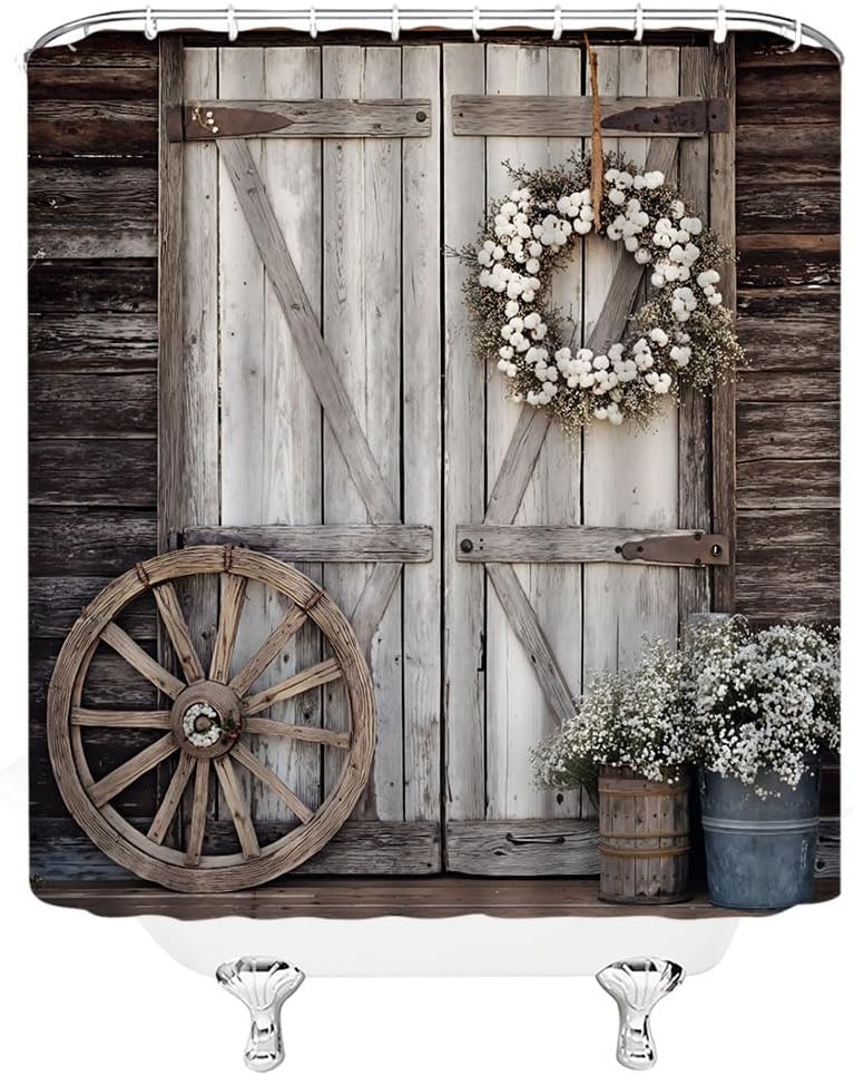 Rustic Barn Door Shower Curtain Western Farmhouse Cabin Wooden Board Country Floral Flower Vintage Antique Bathroom Polyester Fabric Curtains with Hooks 118Wx70H Inch