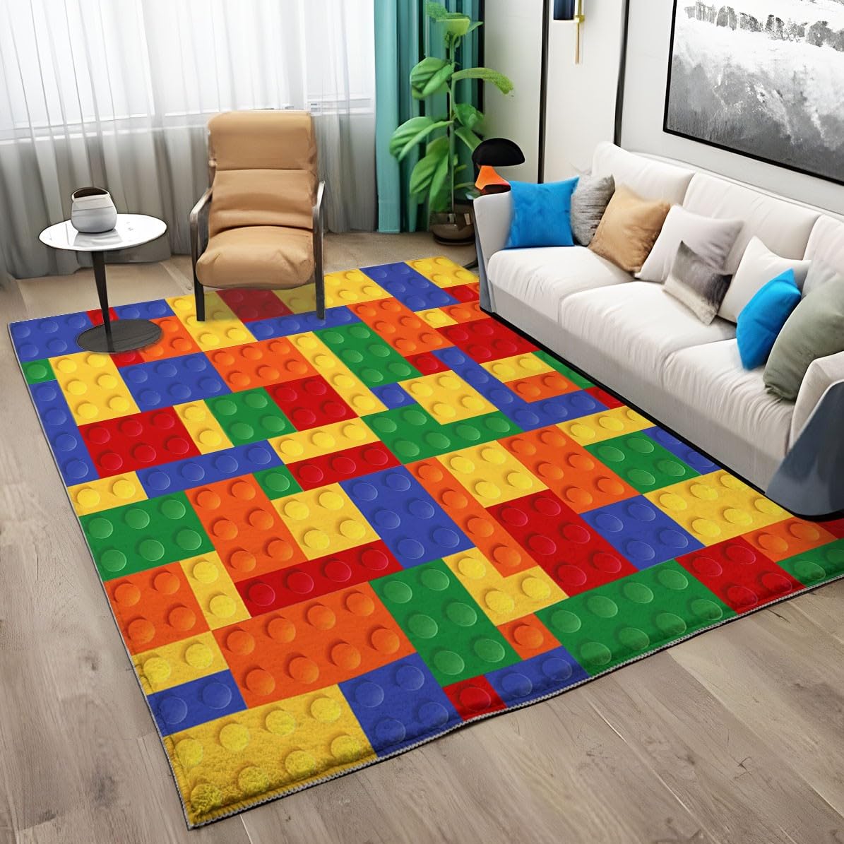 Dywany do salonu, geometryczne, kolorowe klocki do sypialni, dywan 120 x 170 cm, dywanik do salonu, antypoślizgowy dywan, dywan z nadrukiem 3D, nie gubi włosia, łatwy do czyszczenia