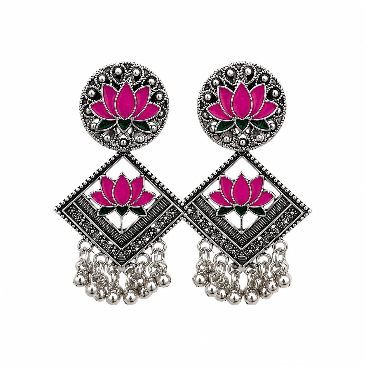 Oxidised Silver Plated Pink Lotus Floral Drop Earrings-image-22