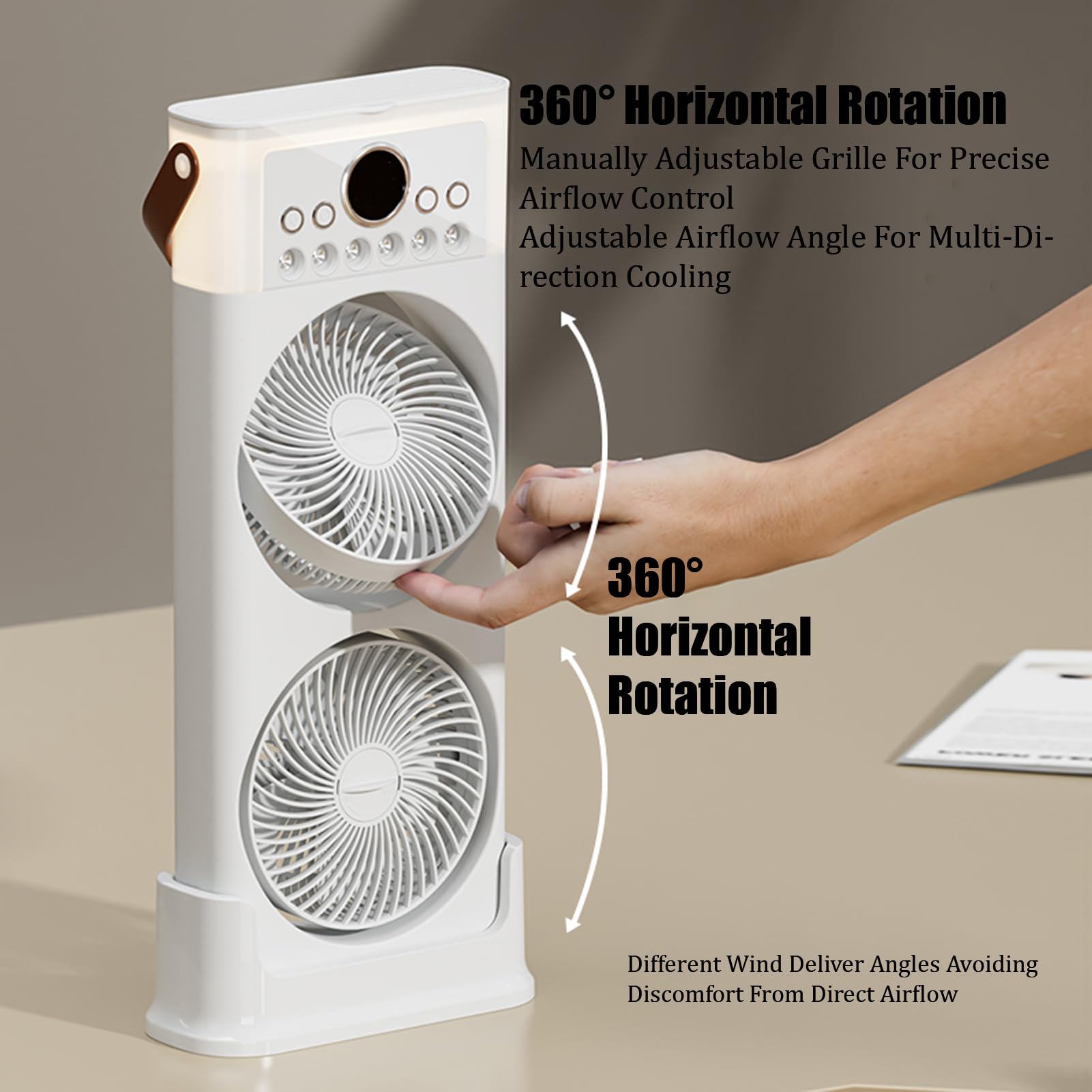 Ventilateur Brumisateur Portable Rechargeable USB 3600mah, Ventilateur USB Double Tête Portable Rotation à 360 Degrés Avec 4 Vitesses Silencieux Pour Maison, Extérieur, Bureau (White, Desk)