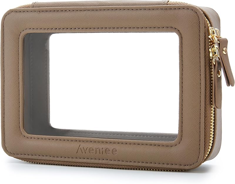 Necessaire Aveniee transparente em couro sintético PU, com zíper, Taupe, Medium Classic