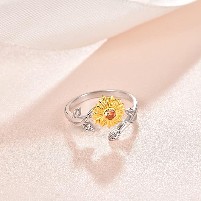 Sunflower Rings for Women, 925 Sterling Silver CZ You are My Sunshine Adjustable Open Band Rings Jewelry Gifts for Girls Size 7-8