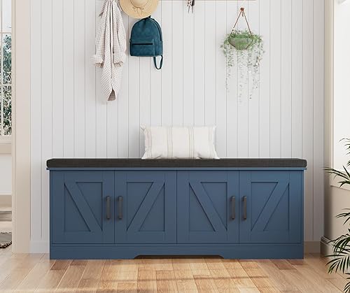 Miniatura 51 de Banco de almacenamiento de 2 niveles, banco de zapatos de 39.4 pulgadas de ancho con cojín de asiento acolchado, banco de entrada con 2 puertas de