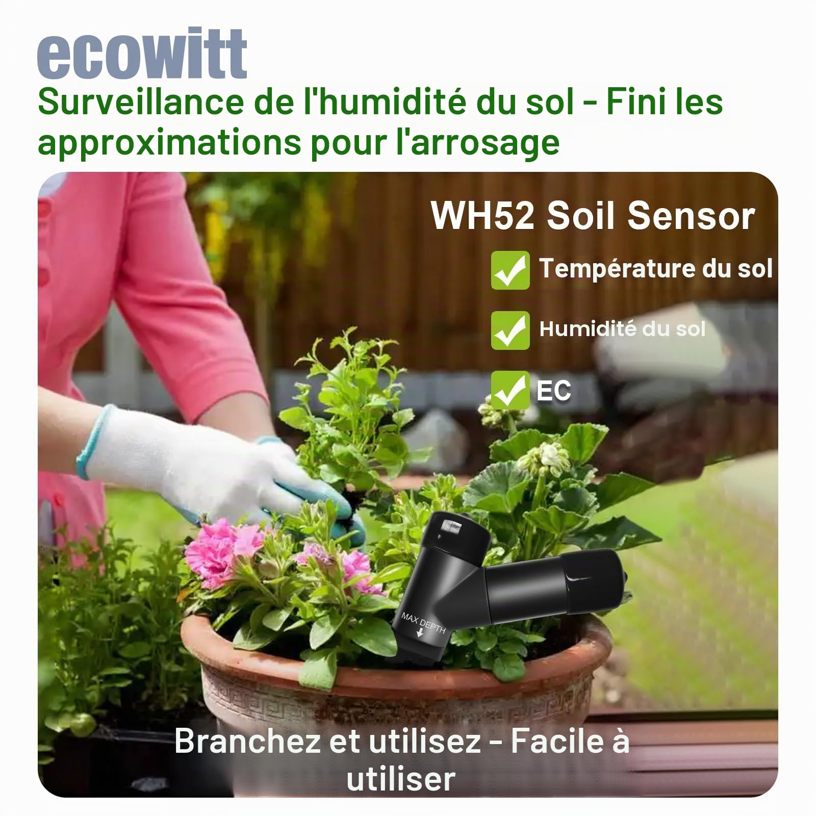 ECOWITT Capteur d'humidité du Sol 3 en 1 à 16 canaux + capteur EC du Sol + thermomètre, Moniteur d'eau pour Plantes, testeur d'hygromètre et de température du Sol 4 pièces WH52 + passerelle GW3000