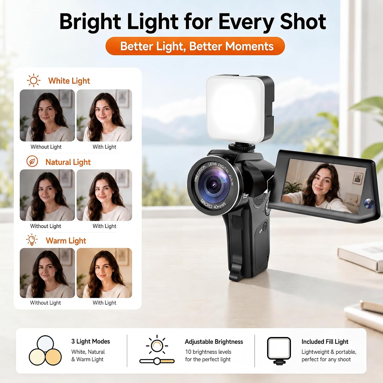 Camcorder with Picture in Picture, 8K&75MP Video Camera, WiFi Vlogging Camera for YouTube Beginners, Handheld Design, 16X Digital Zoom, 32GB Card, Mic, Fill Light, Remote, 2 Batteries, Black